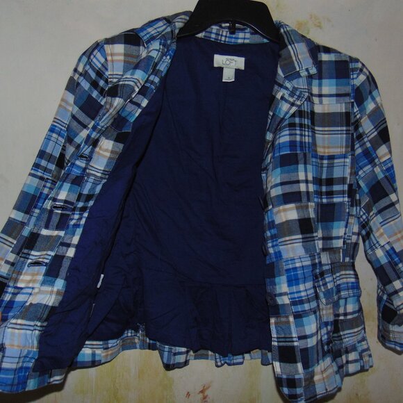 Ann Taylor " Loft " Plaid Patch Blazer Blue Inverted Pleat Womens 6 Soft Lined - Picture 7 of 7